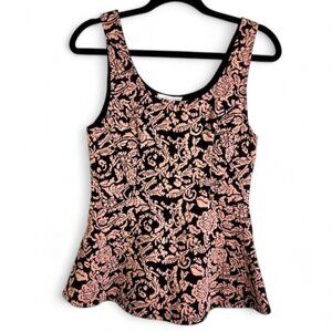 Sugar Lips Tank Top Large Black Pink Floral Peplum Sleeveless‎ Casual Blouse